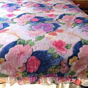Vintage Floral Duvet Cover Ruffle Edge 80"x90" Reversable Pink Blue Luxury